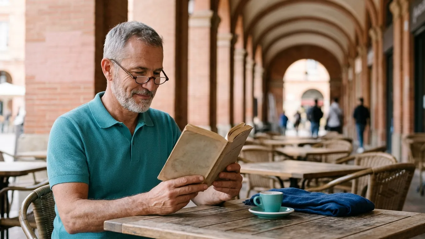 Homme d'une cinquantaine d'années qui lit un livre avec des lunettes de lecture, en terrasse sous les arcades à Toulouse