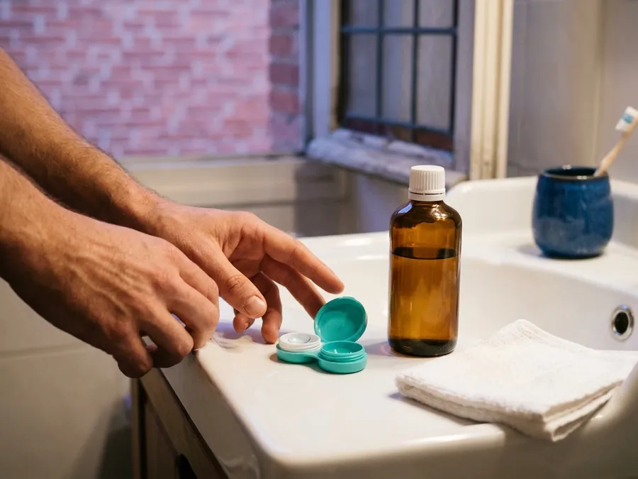 Mains qui ouvrent un étui à lentilles près d'un lavabo, le soir