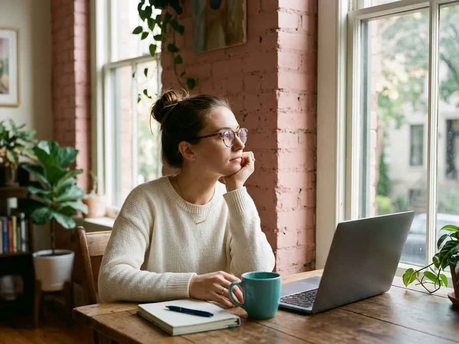 Jeune femme pensive devant son ordinateur portable, chez elle à Toulouse