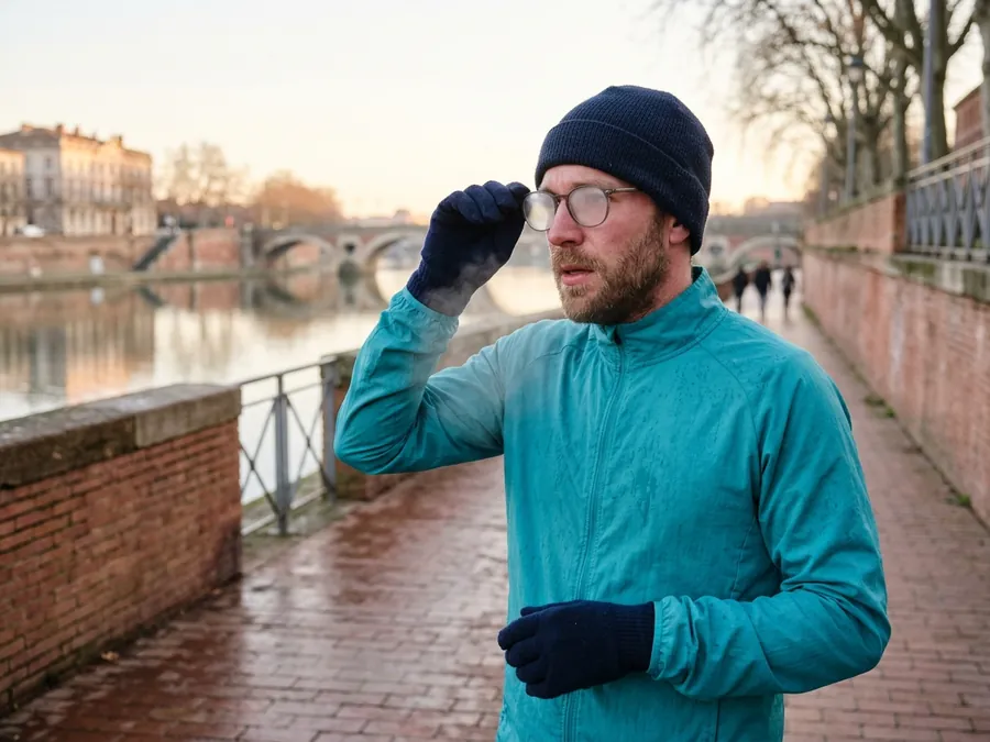 Coureur dont les lunettes s'embuent après un footing d'hiver sur les quais de la Garonne